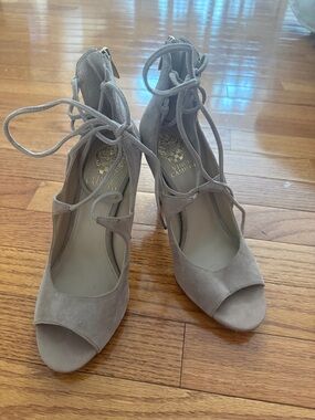 Vince Camuto Taupe Suede Lace-Up Peep Toe Heels